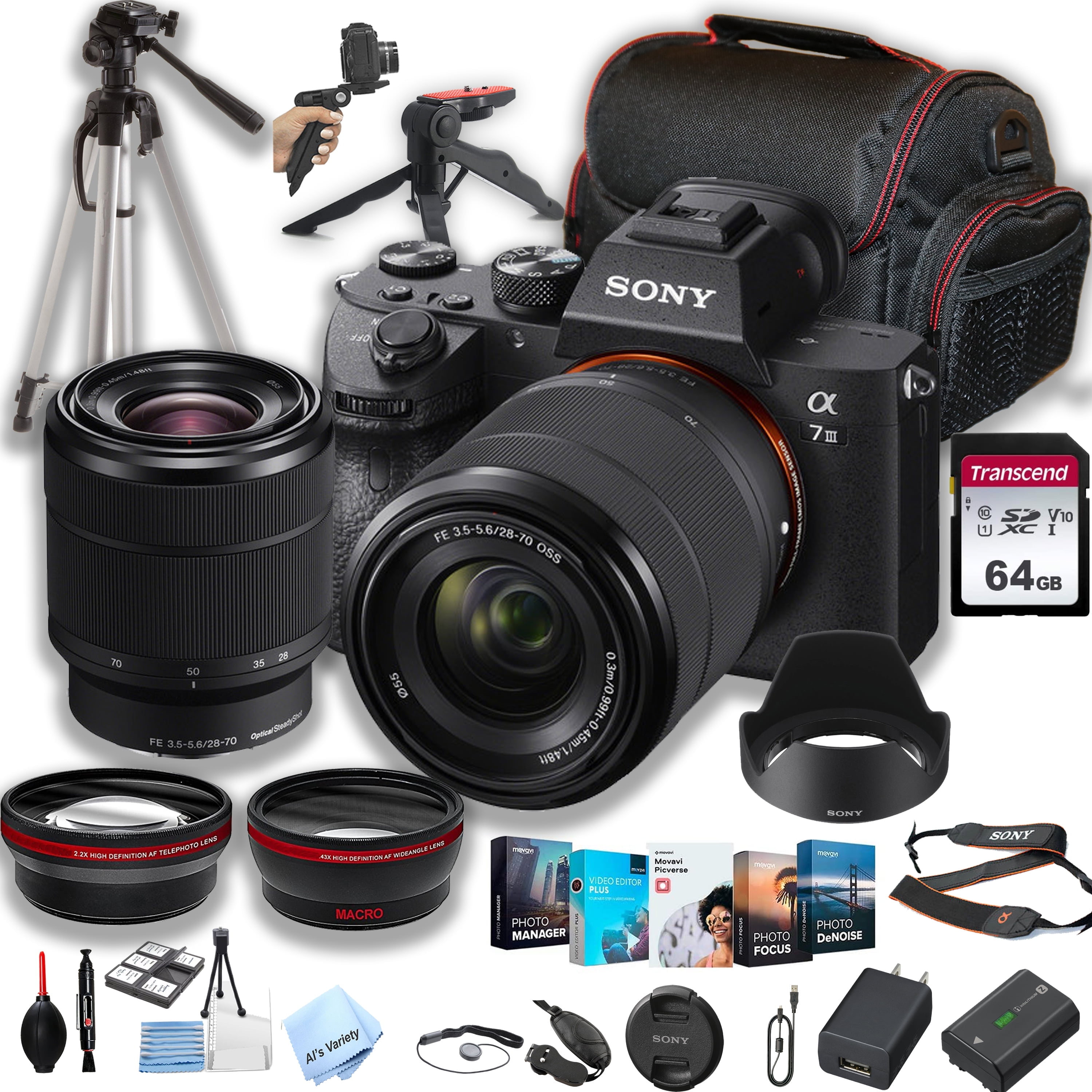 Sony a7 III Mirrorless Digital Camera with 28-70mm Lens + 64GB Memory + Case+ Steady Grip Pod + Tripod+ Macro + 2X Lens + Software Pack + More (34pc Bundle) (International Version)