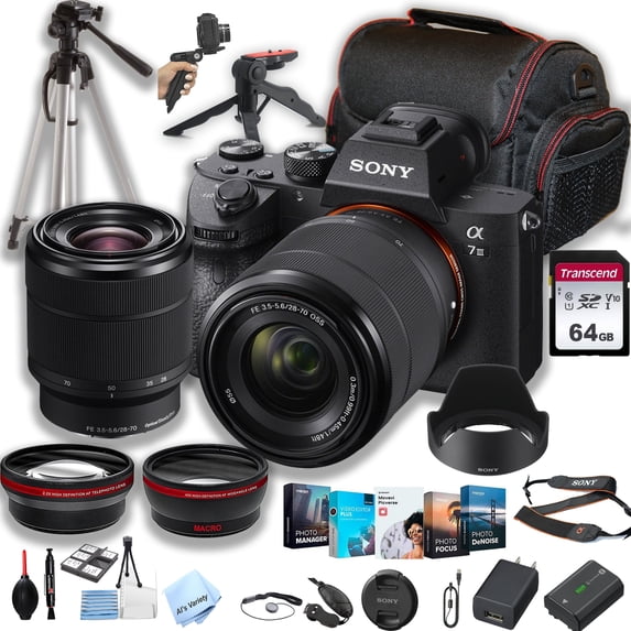 Sony a7 III Mirrorless Digital Camera with 28-70mm Lens + 64GB Memory + Case+ Steady Grip Pod + Tripod+ Macro + 2X Lens + Software Pack + More (34pc Bundle) (International Version)