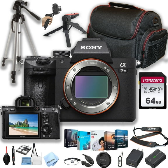 Sony a7 III Mirrorless Digital Camera Body Only (No Lens) + 64GB Memory + Case+ Steady Grip Pod + Tripod+ Software Pack + More (30pc Bundle) (International Version)