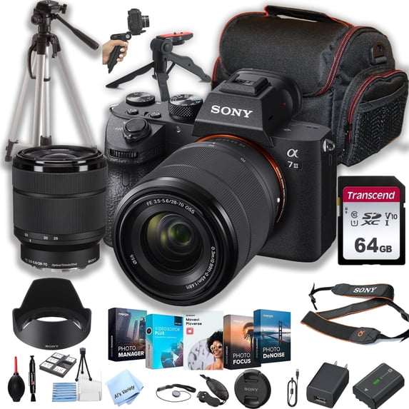 Sony a7 III Mirrorless Digital Camera with 28-70mm Lens + 64GB Memory + Case+ Steady Grip Pod + Tripod+ Software Pack + More (30pc Bundle) (International Version)