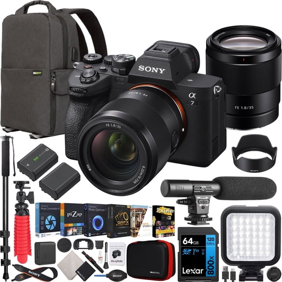 Sony a7 IV Full Frame Mirrorless Camera Body with FE 35mm F1.8 E-Mount Lens ILCE-7M4/B + SEL35F18F Bundle with Deco Gear Photography Backpack + Monopod + Extra Battery, LED and Kit Accessories