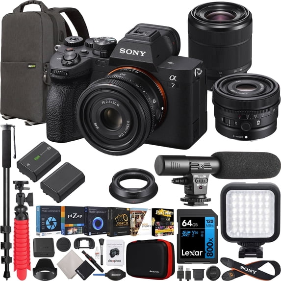 Sony a7 IV Full Frame Mirrorless Camera Body with 2 Lens Kit FE 50mm F2.5 G + 28-70mm F3.5-5.6 ILCE-7M4K/B + SEL50F25G Bundle w/ Deco Gear Backpack + Monopod + Extra Battery, LED and Accessories