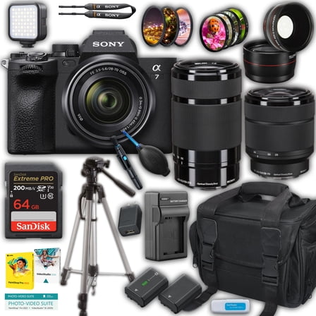 Sony a7 IV Mirrorless Camera w/ 28-70mm & 55-210mm Lenses + 64GB Memory, Case & Travel Charger (International Version, No Manufacturer Warranty)