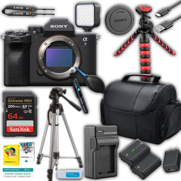 Sony a7 IV Mirrorless Camera (Body Only) + 64GB Memory, Case, Travel Charger & Tripods (International Version, No Manufacturer Warranty)