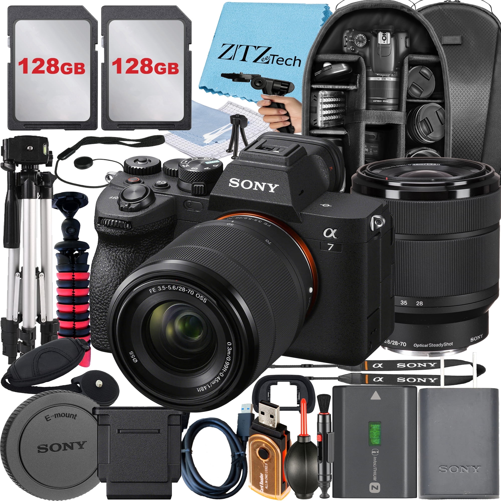 Sony a7 IV Mirrorless Camera + Sony FE 28-70mm + Tripod + 2 Pack 128GB Memory Card + Backpack + ZeeTech Accessory Bundle (International Version)