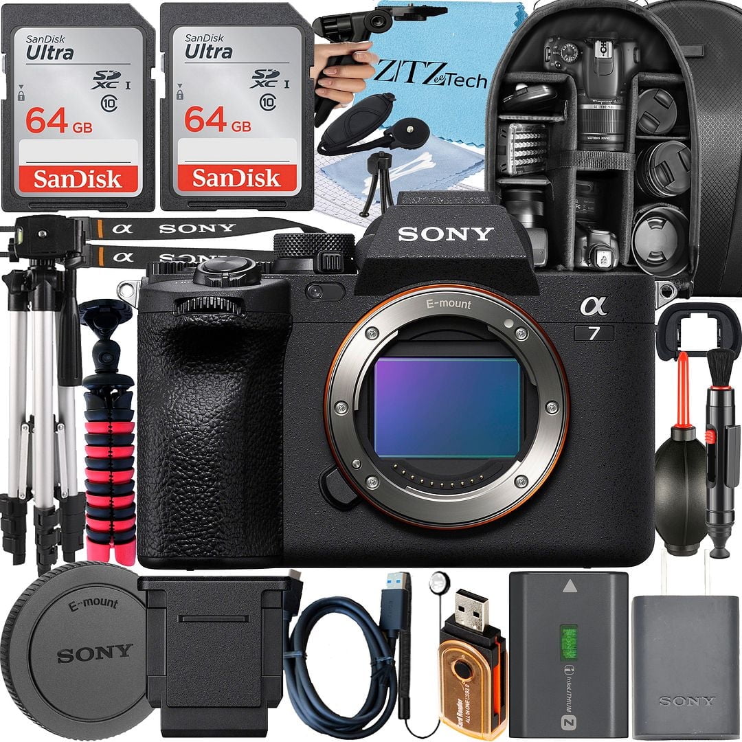 Sony a7 IV Mirrorless Camera  Tripod  2 Pack 64GB Memory Card  Backpack  ZeeTech Accessory Bundle