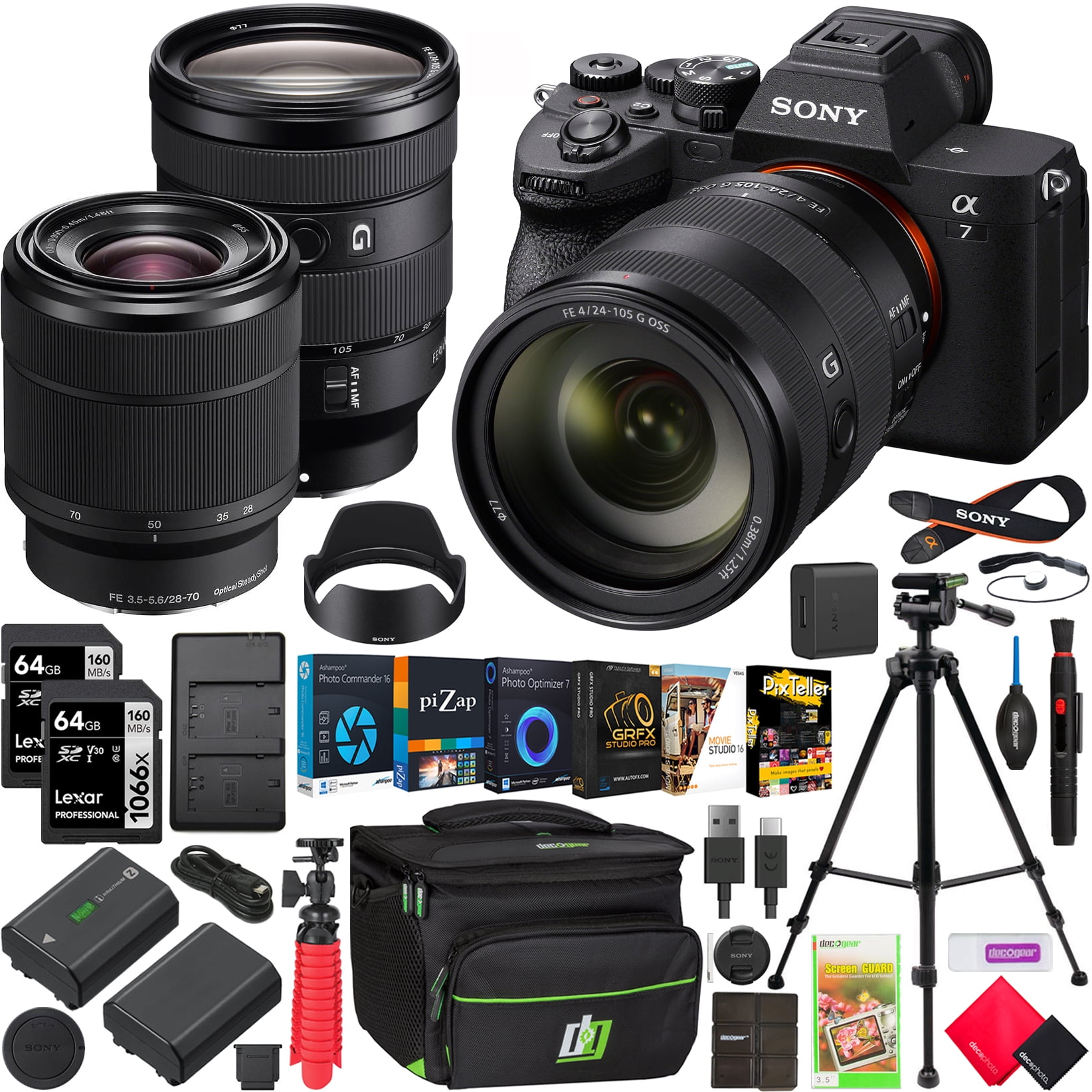 Sony a7 IV Mirrorless Full Frame Camera Body with 2 Lens 28-70mm F3.5-5.6  24-105mm F4 G ILCE-7M4KB  SEL24105G Bundle with Deco Gear Case  Tripod  Extra Battery, Dual Charger and Accessories