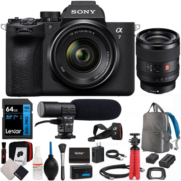 Sony a7 V Full-frame Mirrorless Interchangeable Lens Camera w/ 28-70mm II Lens Bundle with Sony FE 35mm F1.4 GM G Master Full Frame Wide Angle Lens for E-Mount + 64GB Card + Camera Bag + Accessories