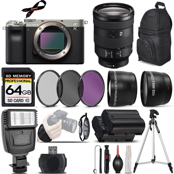 Sony a7C Camera (Silver) + 24-105mm f/4 G OSS Lens + Flash + 0.43x Wide Angle Lens + 2.2x Telephoto Lens + 64GB Class 10 Memory Card + UV-CPL-FLD Filters + - International Version