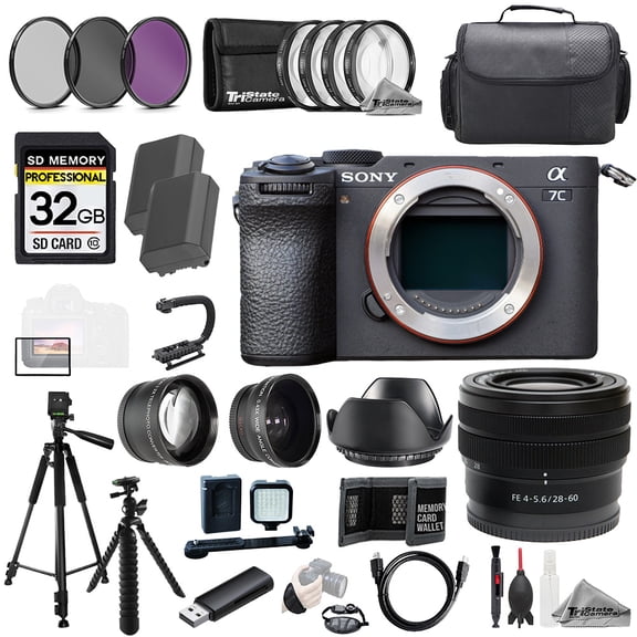 Sony a7C II + FE 28-60mm f/4-5.6 Lens +32GB +Ext Bat+ 9 PC Filtr-MEGA Kit (International Version)