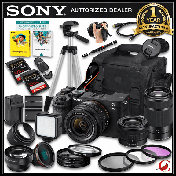Sony a7C II Mirrorless Camera with 28-60mm and E 55-210mm f/4.5-6.3 OSS Lens + 128 GB Memory + Extra Battery + Camera Case + Tripod + More (32pc Bundle)