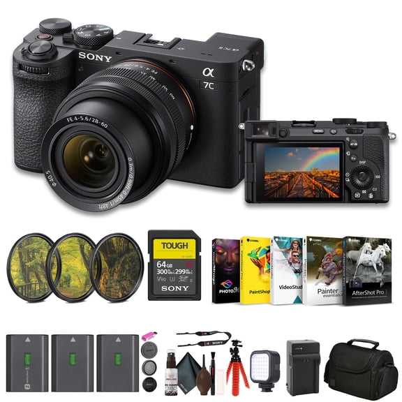 Sony a7C II Mirrorless Camera with 28-60mm Lens (ILCE-7CM2L/B) + 64GB SF-G Tough Card + Filter Kit + Bag + 2 x NP-FZ100 Compatible Battery + Photo Software + External Charger + More