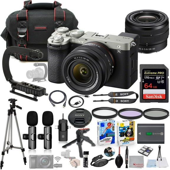 Sony a7C II Mirrorless Camera with 28-60mm Lens (Silver) Bundle + Wireless Microphone System + Accessory Package Including 64GB Extreme Memory, U-Grip, Case, Tripod, Software and More (26 Items)