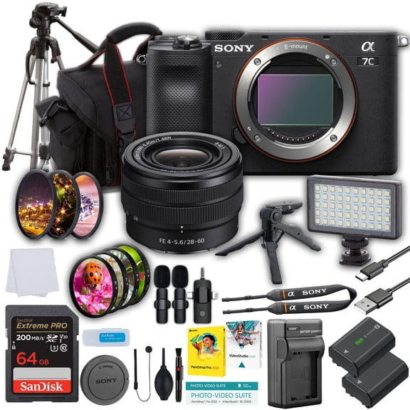 Sony a7C Mirrorless Camera (Black) With FE 28-60mm f/4-5.6 Lens + 64GB Memory + LED Light + 50" Tripod + Wireless Microphone + Camera Case + Gripster Tripod + More (International Version)