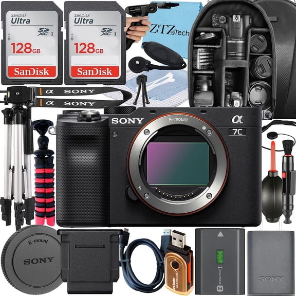 Sony a7C Mirrorless Camera (Black) + Tripod + 2 Pack 128GB Memory Card + Backpack + ZeeTech Accessory Bundle (International Version)