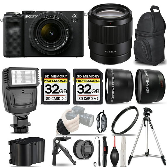 Sony a7C Mirrorless Camera (Black) with 28-60mm Lens+35mm Lens +Flash +64GB- Kit