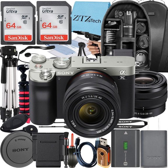Sony a7C Mirrorless Camera (Silver) + Sony FE 28-60mm + Tripod + 2 Pack 64GB Memory Card + Backpack + ZeeTech Accessory Bundle (International Version)