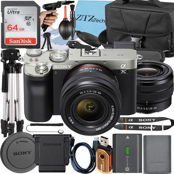 Sony a7C Mirrorless Camera (Silver) + Sony FE 28-60mm + Tripod + 64GB Memory Card + Case + ZeeTech Accessory Bundle (International Version)