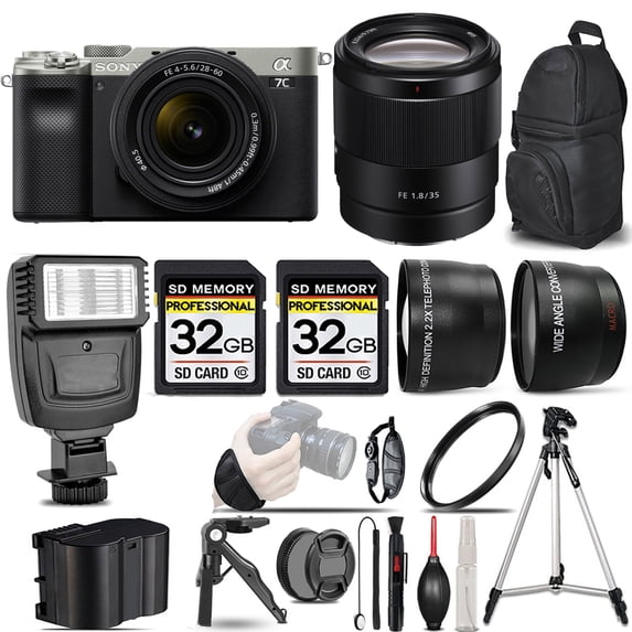 Sony a7C Mirrorless Camera (Silver) with 28-60mm Lens+35mm Lens +Flash +64GB- Kit (International Version)