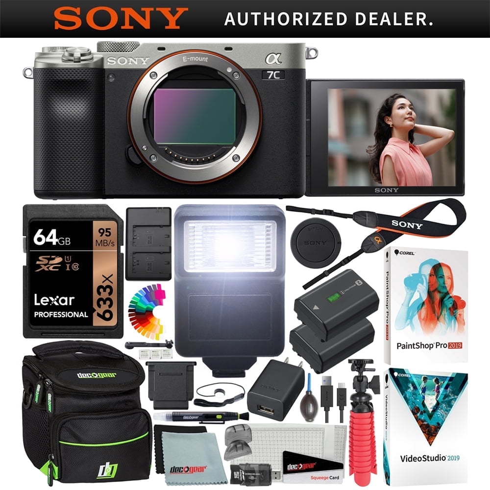 Sony a7C Mirrorless Full Frame Camera Alpha 7C Interchangeable Lens Body Only Silver ILCE7C/S Bundle with Deco Gear Case + Extra Battery + Flash + Filters + 64GB Card + Software Kit and Accessories