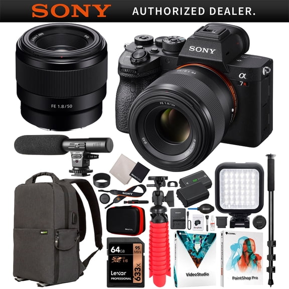 Sony a7R IV Mirrorless Full Frame Camera Body + 50mm F1.8 FE Fast E-Mount Lens SEL50F18F ILCE-7RM4A/B Bundle with Deco Gear Backpack + Microphone + LED + Monopod and Accessories Kit