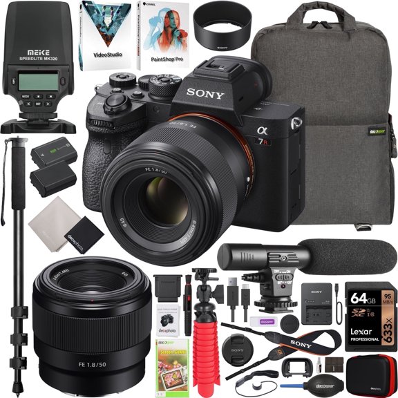 Sony a7R IV Mirrorless Full Frame Camera Body + 50mm F1.8 FE Fast E-Mount Lens SEL50F18F ILCE-7RM4A/B Bundle with MEIKE MK320 TTL Flash Speedlite + Deco Gear Backpack + Microphone and Accessories Kit