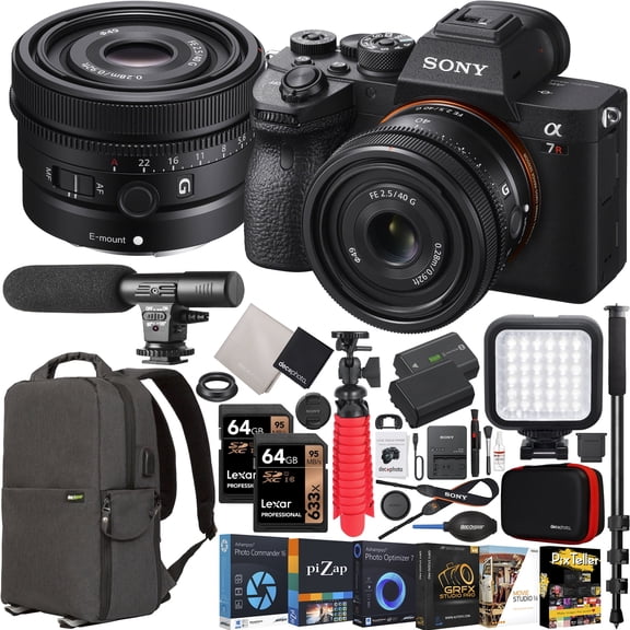 Sony a7R IV Mirrorless Full Frame Camera Body + Sony FE 40mm F2.5 G Compact Lens SEL40F25G + ILCE-7RM4/B Bundle with Deco Gear Photography Backpack Case + Microphone + LED + Monopod and Accessories