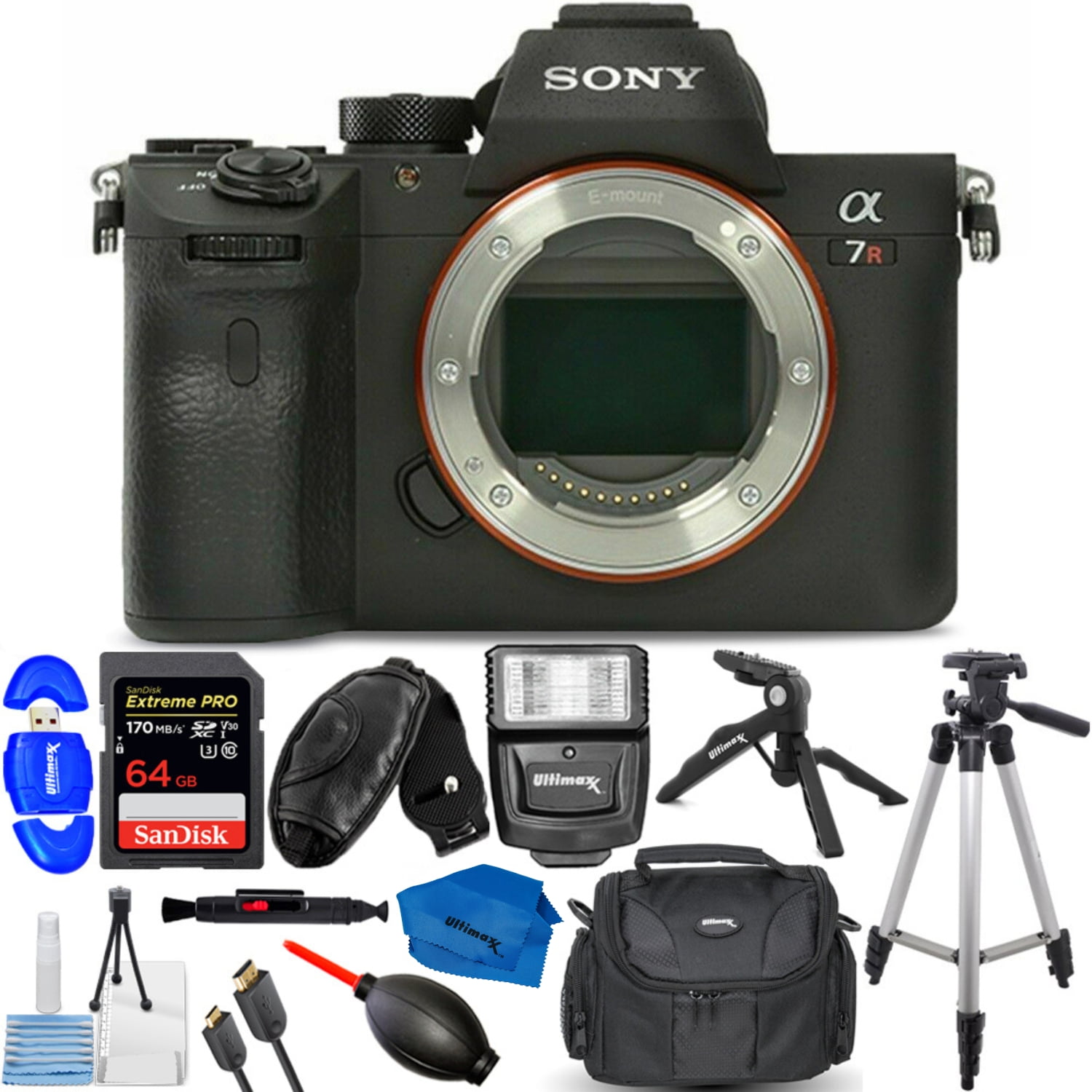 Sony a7R IV Mirrorless Camera (Body Only) – 13PC Bundle with Tripod, 64GB SanDisk Extreme PRO, Tabletop Pistol Grip, Digital Slave Flash & Accessories (International Model)