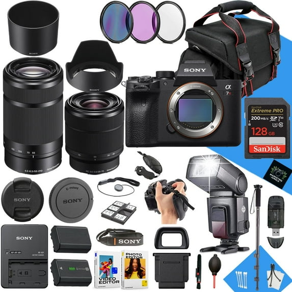 Sony a7R IVA Mirrorless Camera International Version (No Manufacturer Warranty) w/ 28-70mm & 55-210mm Lenses + 128GB + Case + TTL Pro Flash + Monopod + Charger (31-Pc Bundle)