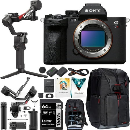 Sony a7R V Full Frame Mirrorless Camera Body ILCE-7RM5 Filmmaker's Bundle Including DJI RS 4 Gimbal Stabilizer Kit + Deco Gear Photography Backpack +Extra Battery + 64GB High Speed Card & Software