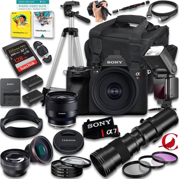 Sony a7R V Mirrorless Camera with Tamron 24mm f/2.8 Di III OSD M 1:2 and 420-800mm f/8 Manual Super HD Telephoto Lens + 128 GB Memory + TTL Flash + Extra Battery + More (33pc Bundle)