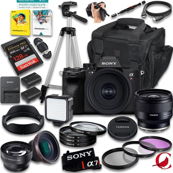 Sony a7R V Mirrorless Camera with Tamron 24mm f/2.8 Di III OSD M 1:2 Lens + 128 GB Memory + Extra Battery + Camera Case + Tripod + More (31pc Bundle)