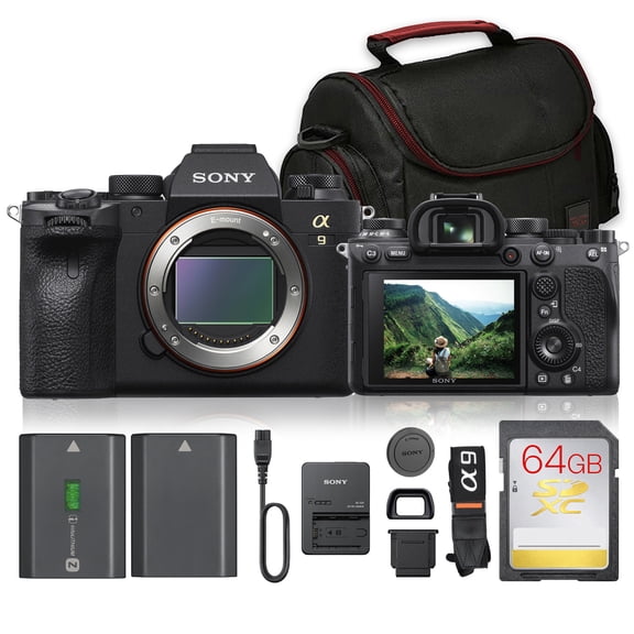 Sony a9 II Mirrorless Camera Bundle | 24.2MP Full-Frame Stacked Sensor, 20fps Silent Shooting, Fast AF & 4K Video | Ideal for Sports & Wildlife (ILCE9M2/B) + 64GB Card + Bag + Battery