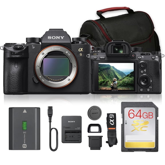 Sony a9 Mirrorless Camera Bundle | 24.2MP Full-Frame Stacked Sensor, 20fps Silent Shooting, Fast AF & 4K Video | Ideal for Sports & Wildlife (ILCE9/B) + 64GB Card + Camera Bag