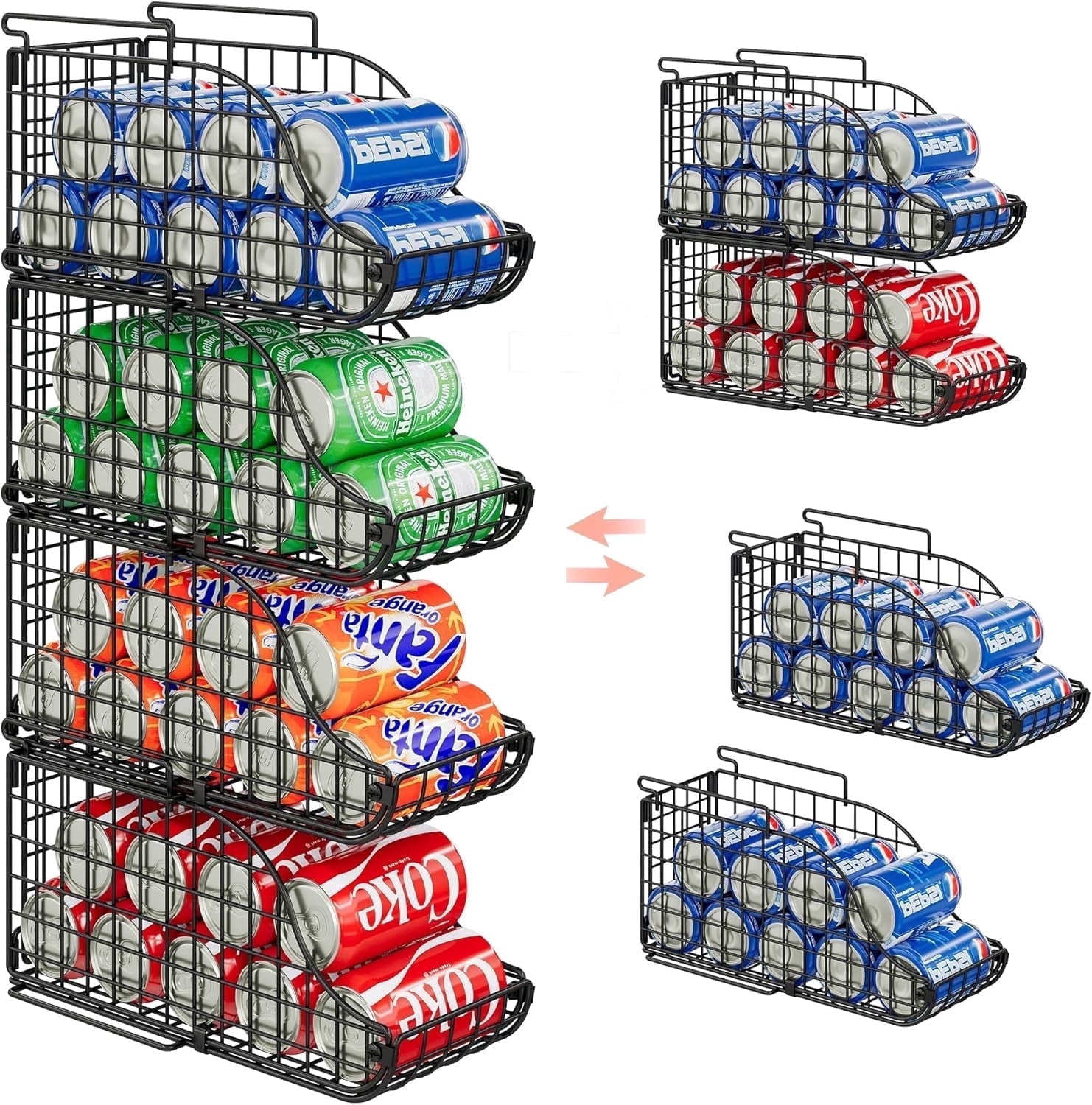 X-COSRACK 4-Pack Stackable Soda Can Organizer for Pantry, Space-Saving Foldable Wire Canned Food Storage Baskets with Handles, Black