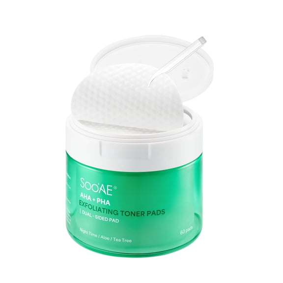 Soo'AE AHA + PHA Exfoliating Toner Pads with Tea Tree and Aloe, 60 Counts