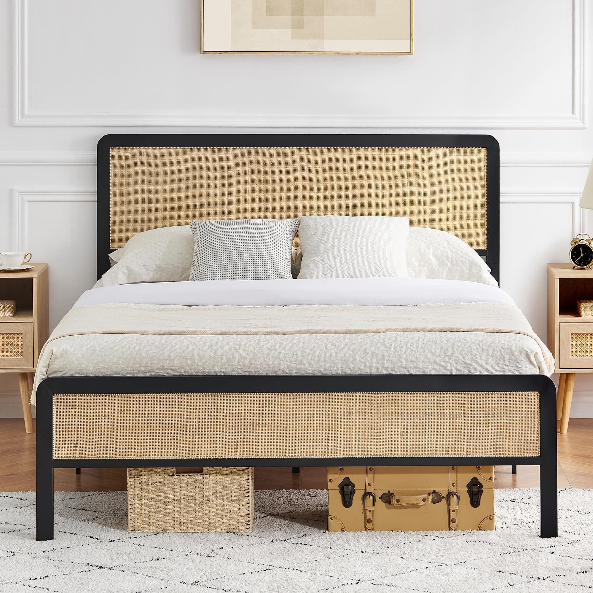 Soobuy Full/Queen Platform Bed, Boho Cane Bed, Natural Rattan Headboard