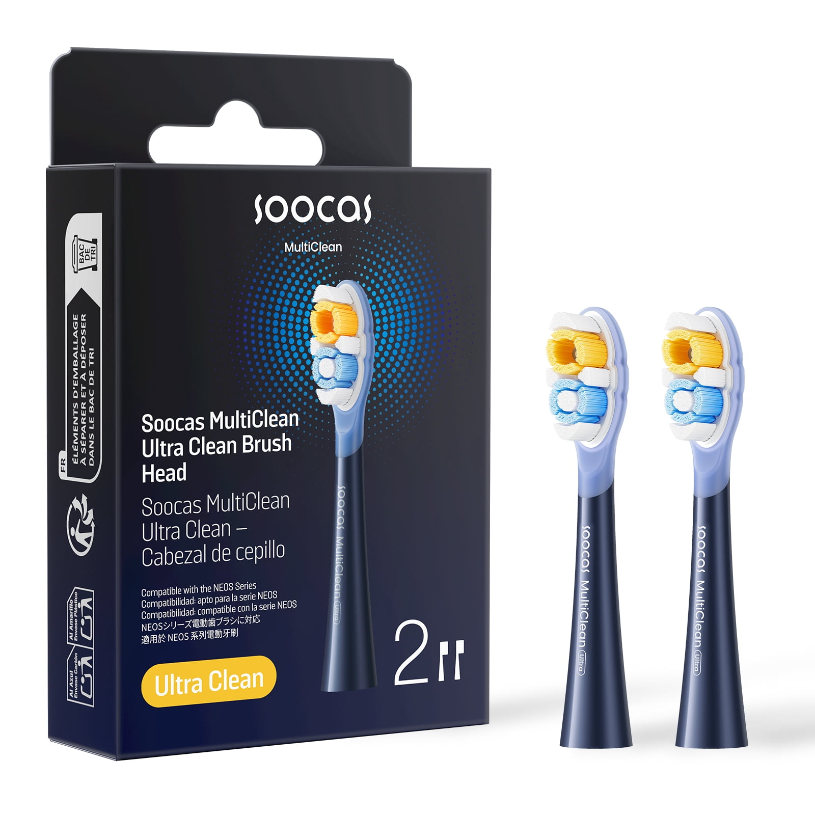 Soocas Multiclean Ultra Clean Electric Toothbrush Replacement Heads, Compatible with both NEOS II and NEOS II Ultra, 2 Brush Heads, Midnight Blue