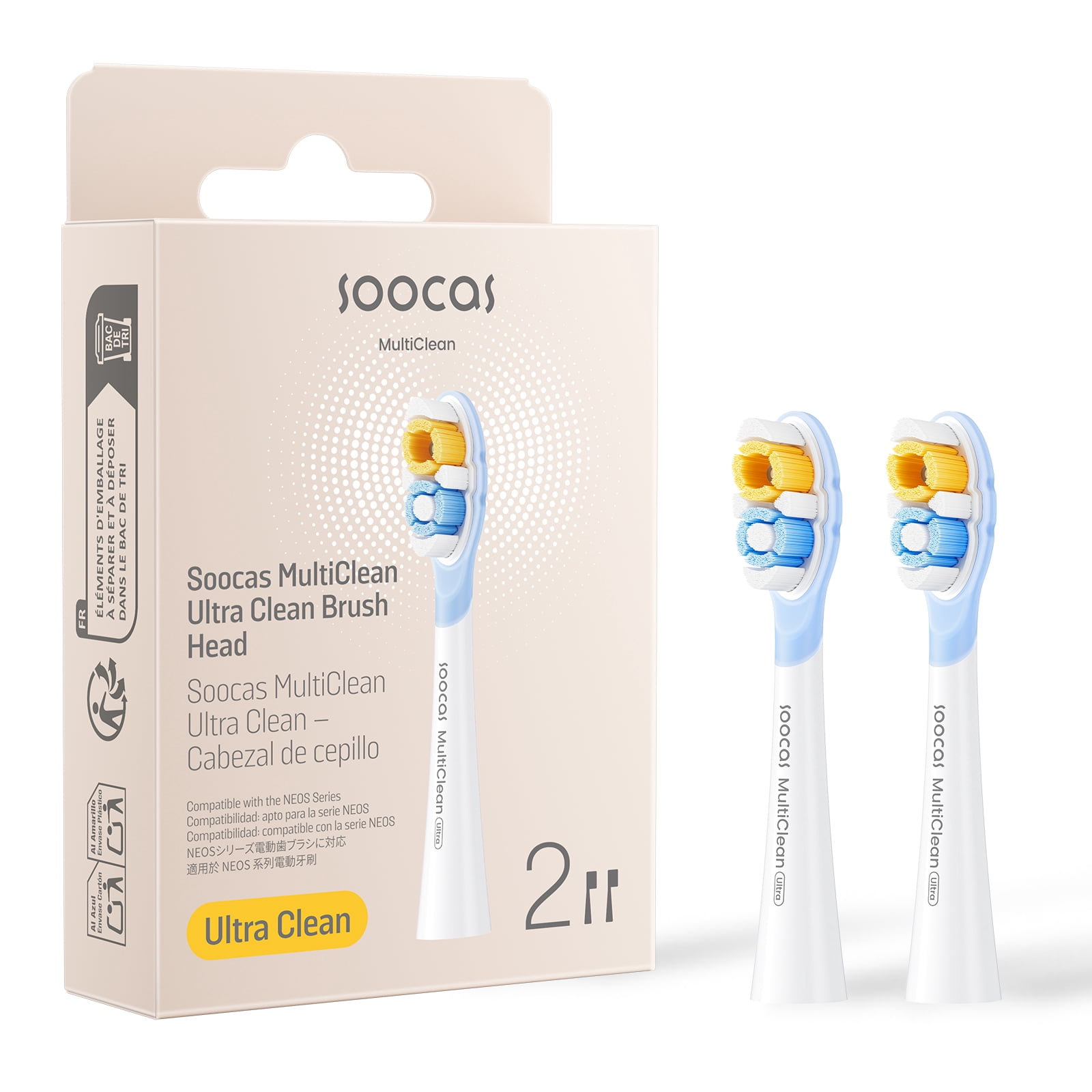 Soocas Multiclean Ultra Clean Electric Toothbrush Replacement Heads, Compatible with both NEOS II and NEOS II Ultra, 2 Brush Heads, White