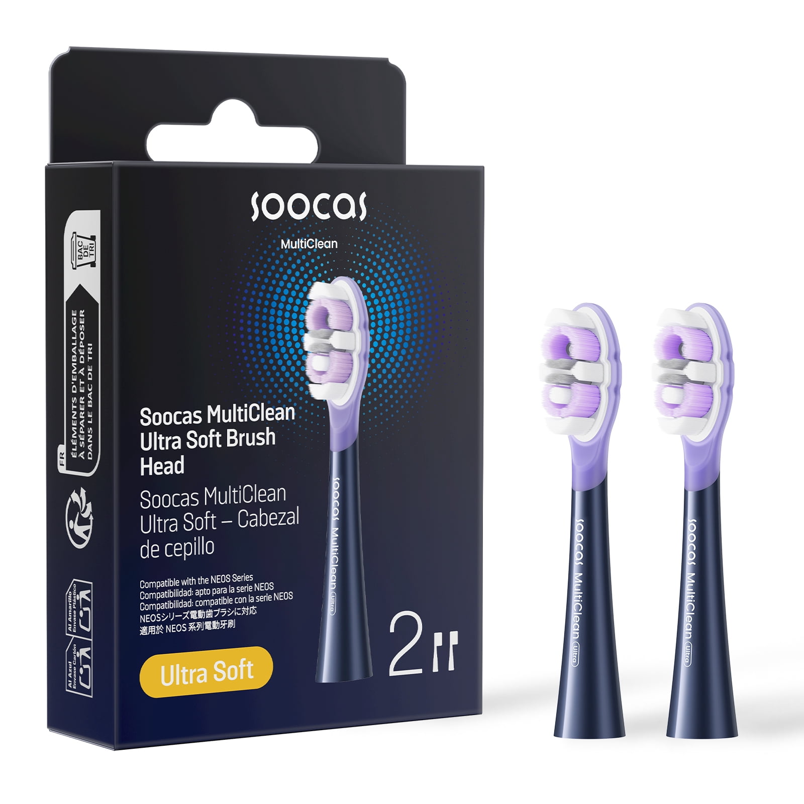 Soocas Multiclean Ultra Soft Electric Toothbrush Replacement Heads, Compatible with both NEOS II and NEOS II Ultra, 2 Brush Heads, Midnight Blue