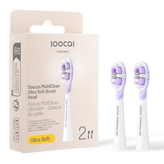 Soocas Multiclean Ultra Soft Electric Toothbrush Replacement Heads, Compatible with both NEOS II and NEOS II Ultra, 2 Brush Heads, White