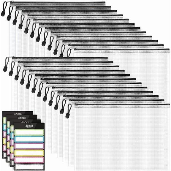 Sooez 24 Pack Mesh Zipper Pouch with Sticky Labels, A4 Mesh Bags for Board Game Puzzles Organization Storage, Durable Letter Size File Folders Organizer for Teacher School Classroom Office Supplies