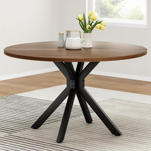 Soohow 47.2" Round Dining Kitchen Table for 4-6 People, Wood Tabletop with Metal Pedestal Base