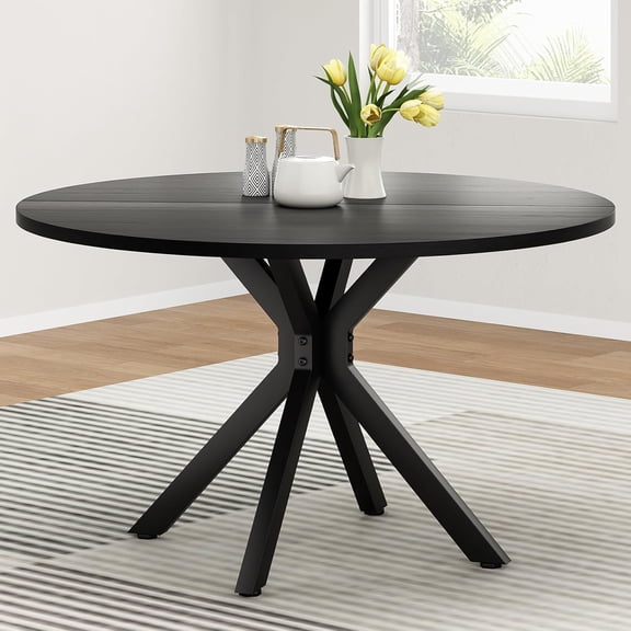 Soohow 47.2" Round Dining Kitchen Table for 4-6 People, Wood Tabletop with Metal Pedestal Base