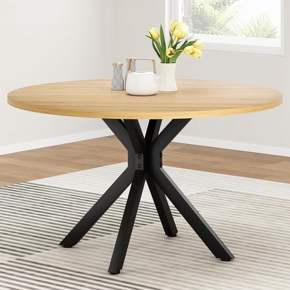 Soohow 47.2" Round Dining Kitchen Table for 4-6 People, Wood Tabletop with Metal Pedestal Base