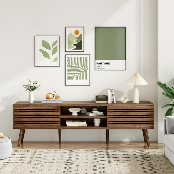 Soohow 70" Mid Century Modern TV Stands with Storage, Fluted Wood TV Stand for Living Room, Boho Media Console, Entertainment Center with Cable Management