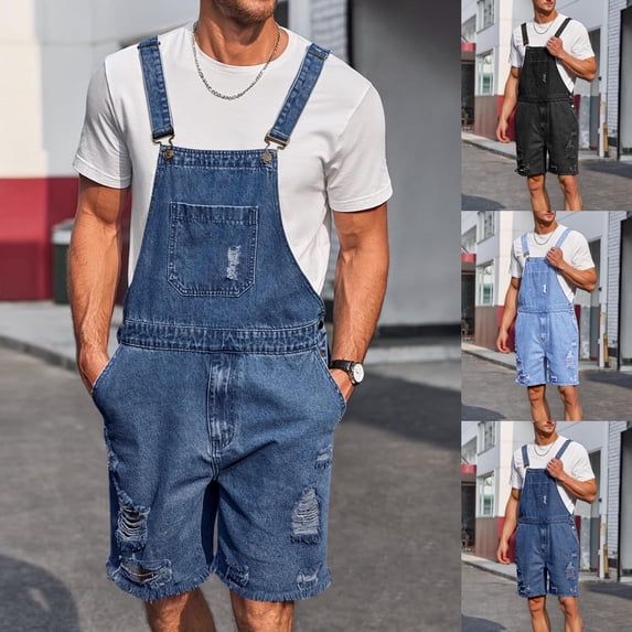 Sookity Bib Overalls Denim Shorts for Mens Baggy Ripped Shorts Jean Romper Casual Loose Fit Walk Short Button Pockets Summer Jumpersuit with Pockets Dark Gray,XXL