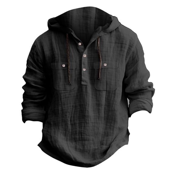 Sookity Button Down Hoodies for Men Casual Loose Fit Solid Hoodie Trendy Vintage Cotton Lined Sweatshirts Sueter Para Hombre Black,XXXL