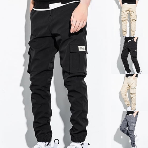 Sookity Casual Stretch Cargo Pants for Men Baggy Elastic Drawstring Joggers Pants Loose Hiking Sweatpants Relaxed Fit Cargo Work Pants with Pockets Black,XXXL