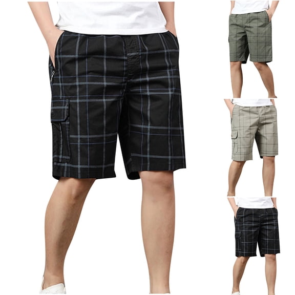 Sookity Cotton Shorts for Men Plaid Print Shorts Casual Elastic Waist Shorts Drawstring Elastic Waist Shorts with Pockets Gray,XXL